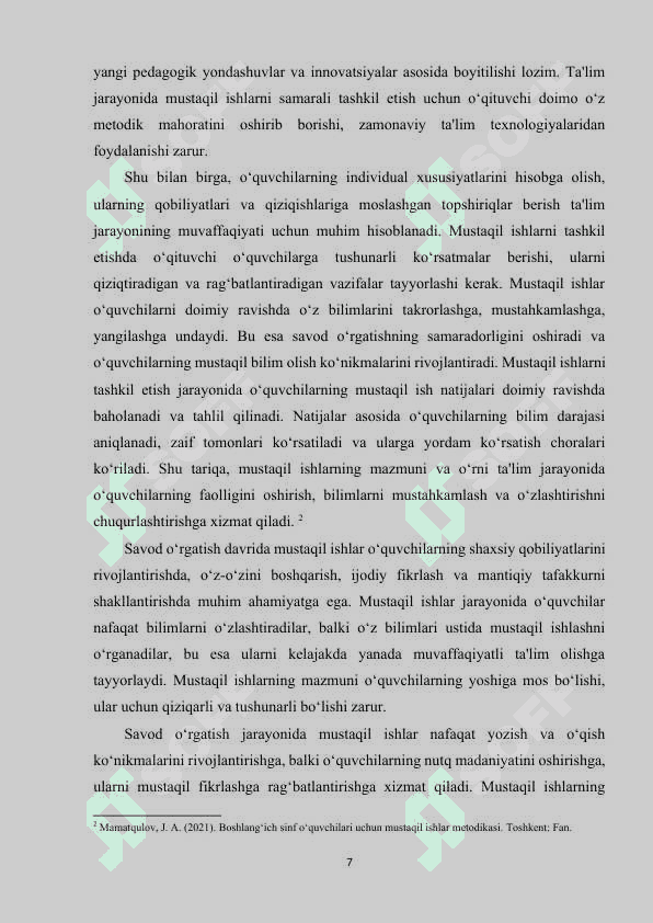 Savod o‘rgatish darslarida o‘quvchilarning mustaqil ishlarini tashkil etish 7