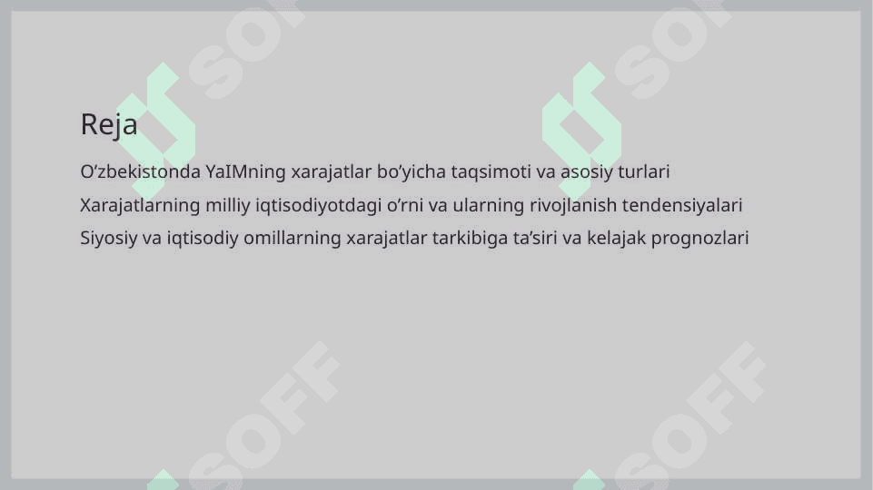 O’zbekistonda YaIMning xarajatlarga ko’ra tarkibi tahlili; 2