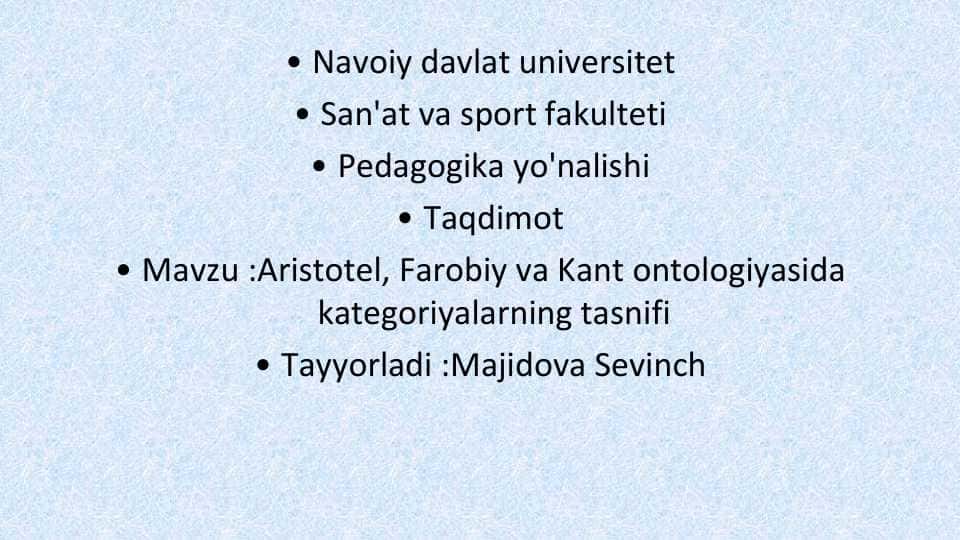 Aristotel, Farobiy va Kant ontologiyasida kategoriyalarning tasnifi