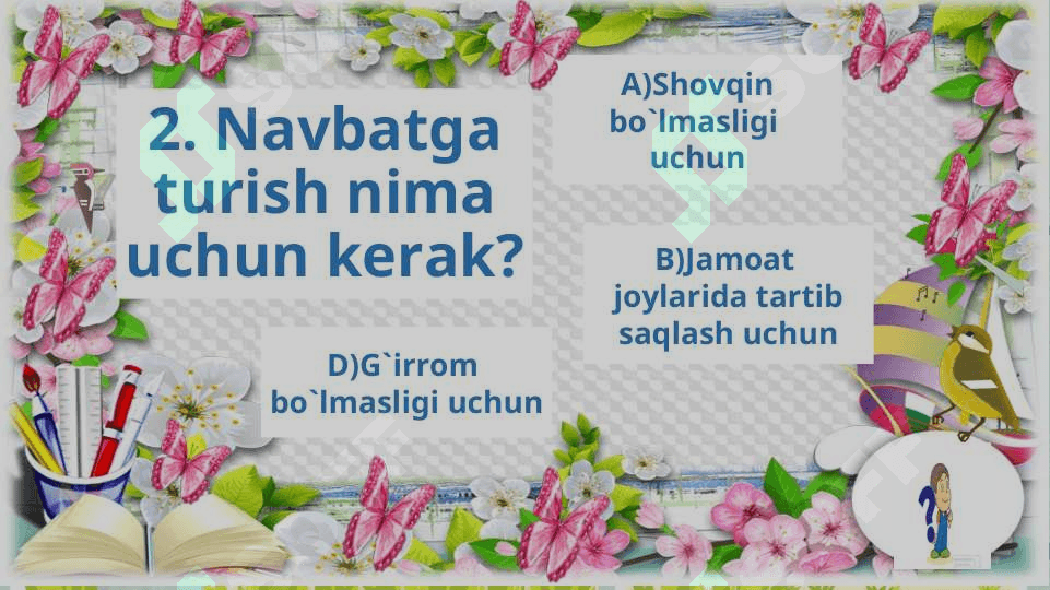Ona tili  va  o`qish savodxonligi Mavzu: Navbatda  turishni  bilasizmi? Bo`limini  mustahkamlovchi  test topshirig`i 3