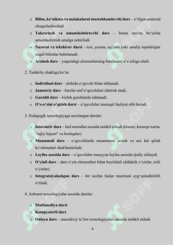 DARS JARAYONINI TASHKIL ETISH METODIKASI. 8