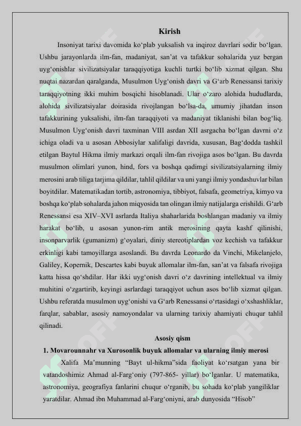 Musulmon Uyg‘onish davri va Gʻarb Renessansining qiyosiy tahlili” Mavzu bo‘yicha  Referat yozish. 2