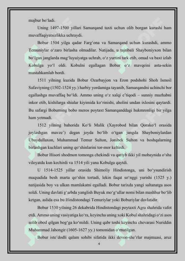 Temur va temuriylar davrida yashagan tarixchi olimlar Temur va temuriylar davrida yashagan tarixchi olimlar ilmiy merosining bibliografiyasini tuzish. 4