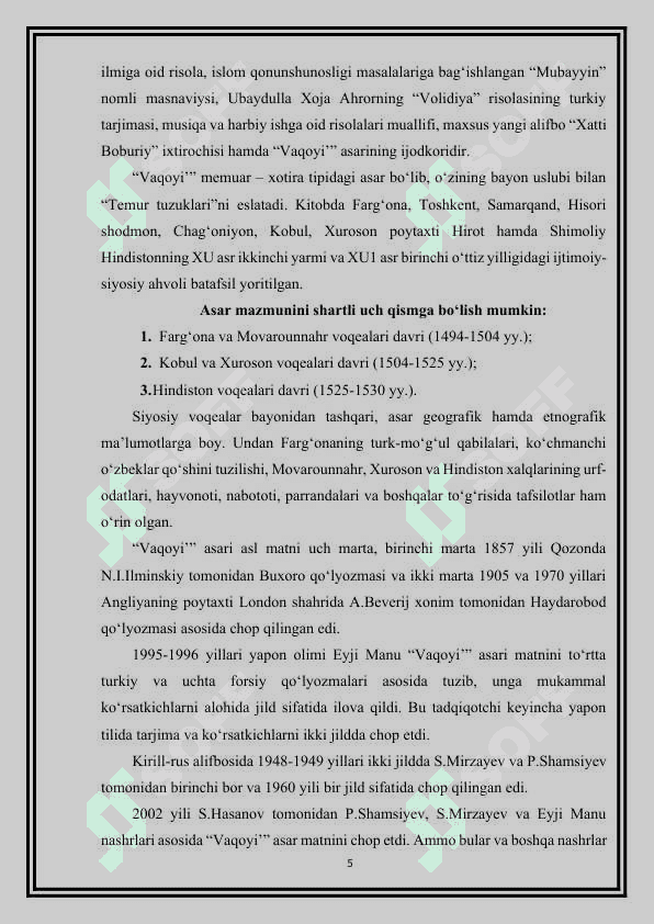 Temur va temuriylar davrida yashagan tarixchi olimlar Temur va temuriylar davrida yashagan tarixchi olimlar ilmiy merosining bibliografiyasini tuzish. 5