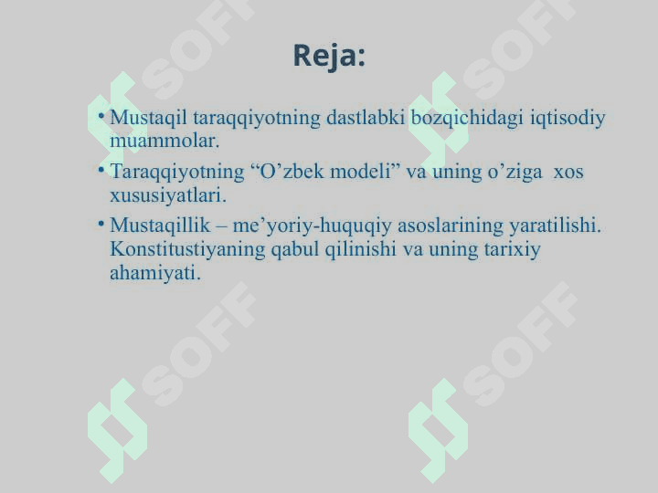 МАВЗУ: O’ZBEKISTONNING O’ZIGA XOS ISTIQLOL VA TARAQQIYOT YO’LI 2