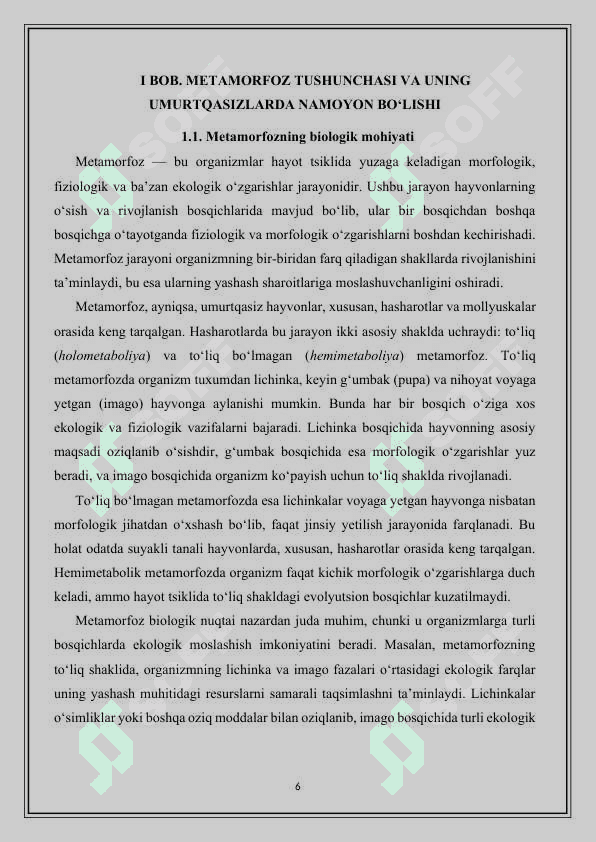 Metamorfozni umurtqasiz hayvonlar uchun ahamiyati - kurs ishi 6