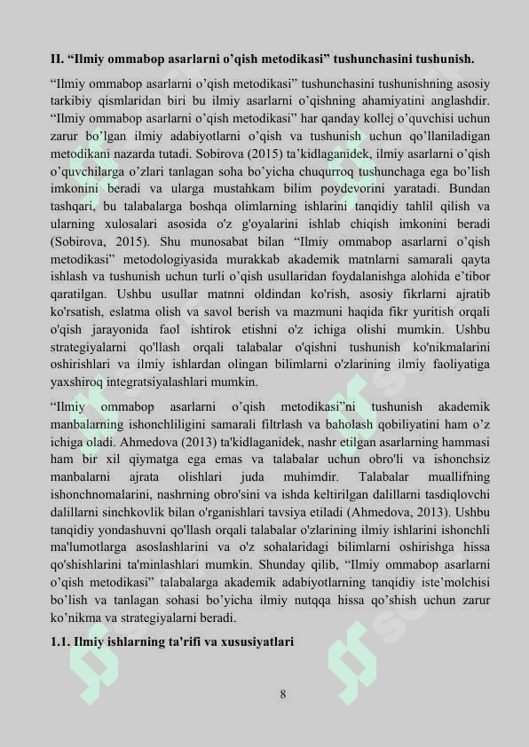 “Ilmiy ommabop asarlarni o’qish metodikasi” 8