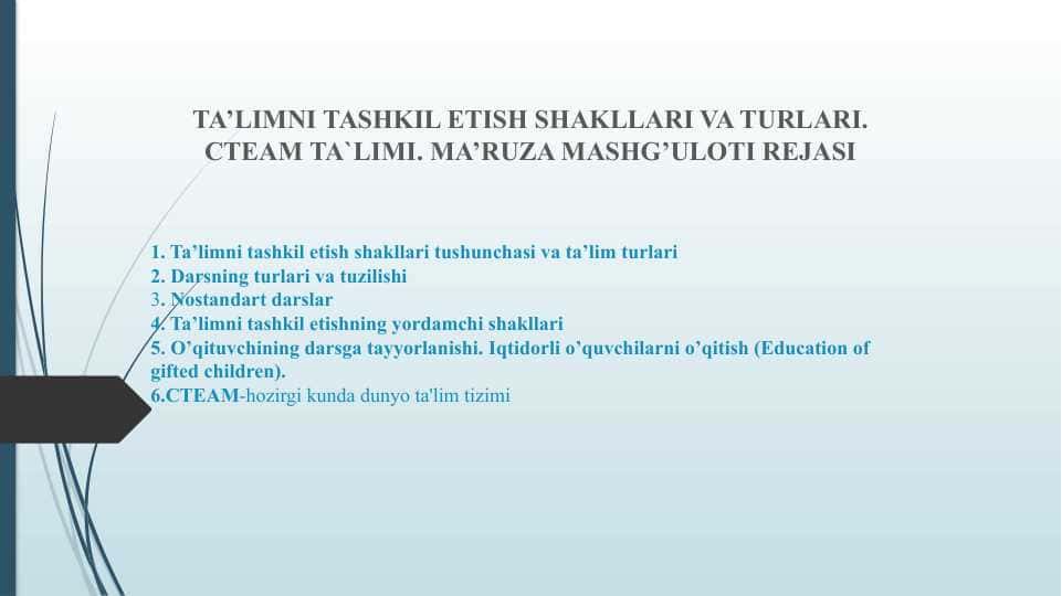 TA’LIMNI TASHKIL ETISH SHAKLLARI VA TURLARI. CTEAM TA`LIMI. MA’RUZA MASHG’ULOTI REJASI