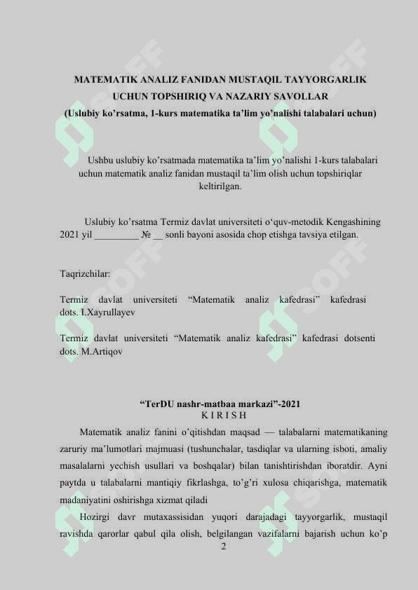 MATEMATIK ANALIZ FANIDAN MUSTAQIL TAYYORGARLIK UCHUN TOPSHIRIQ VA NAZARIY SAVOLLAR 2