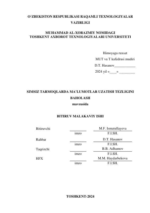 "SIMSIZ TARMOQLARDA MA’LUMOTLAR UZATISH TEZLIGINI  BAHOLASH" Diplom ishi