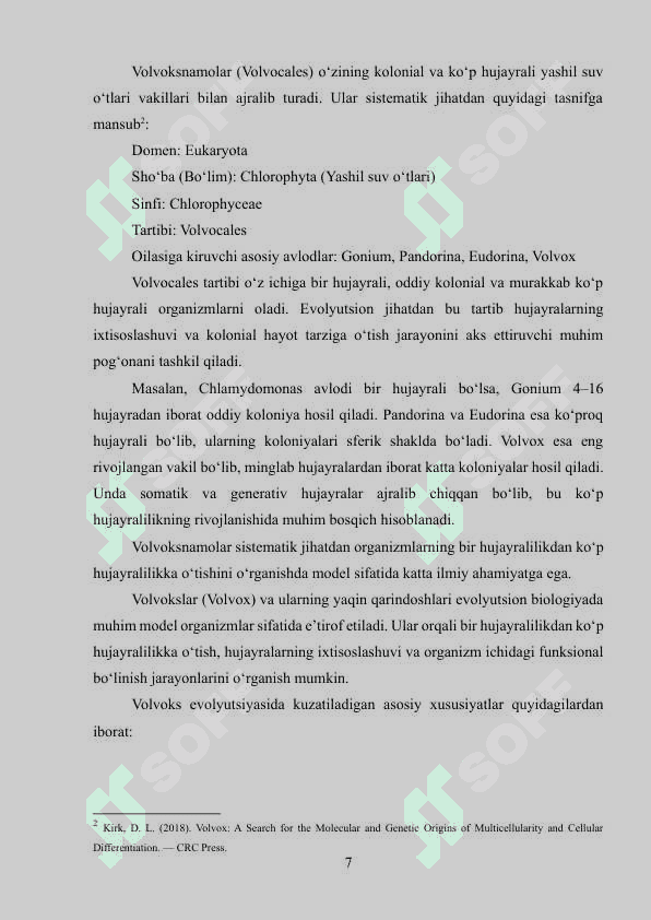 Volvoksnamolar-volvocales tartibi va uning asosiy vakillari. Tuzilishi va ko'payishi 7