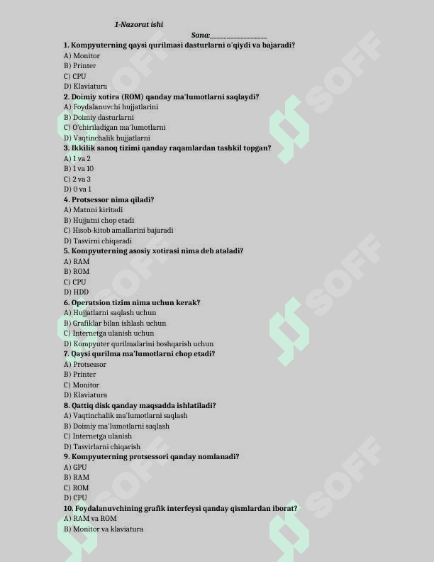 9-sinf informatika test yillik 2