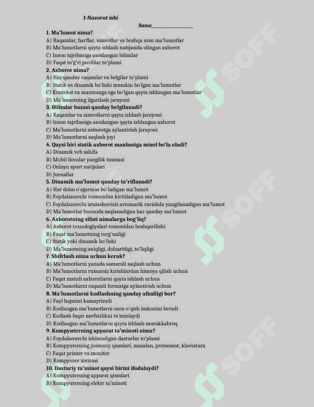 10-sinf informatika test yillik 2
