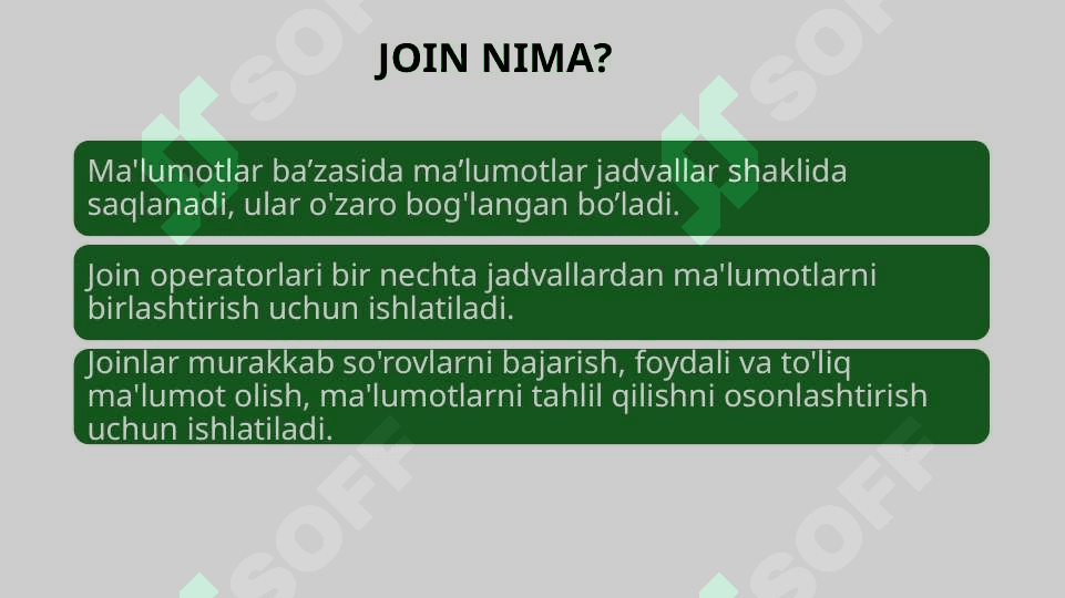 Bir nechta jadvallar birlashtirish, «JOIN» lar bilan ishlash. 3