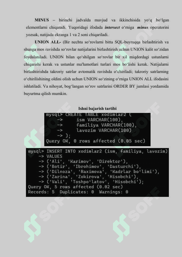 UNION, INTERSECT va MINUS standart so‘zlaridan foydalanish 4