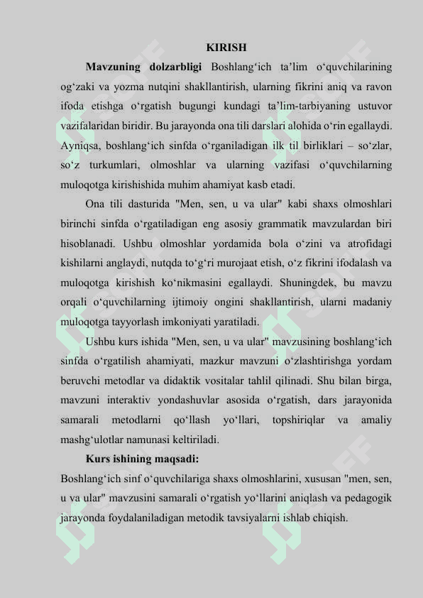 BOSHLANGʻICH SINFDA MEN, SEN, U VA ULAR MAVZUSINI OʻRGANISH 2