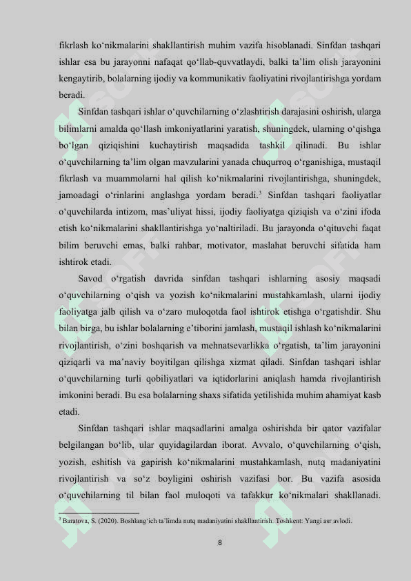 Savod o‘rgatish davrida sinfan tashqari  ishlar (Savodxonlik bayrami va uning kabilar) ni uyushtirish. 8
