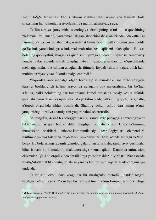 4-sinf texnologiya fanlari darsligining tahlili, muammolar va ularni bartaraf etish yoʻllari 8