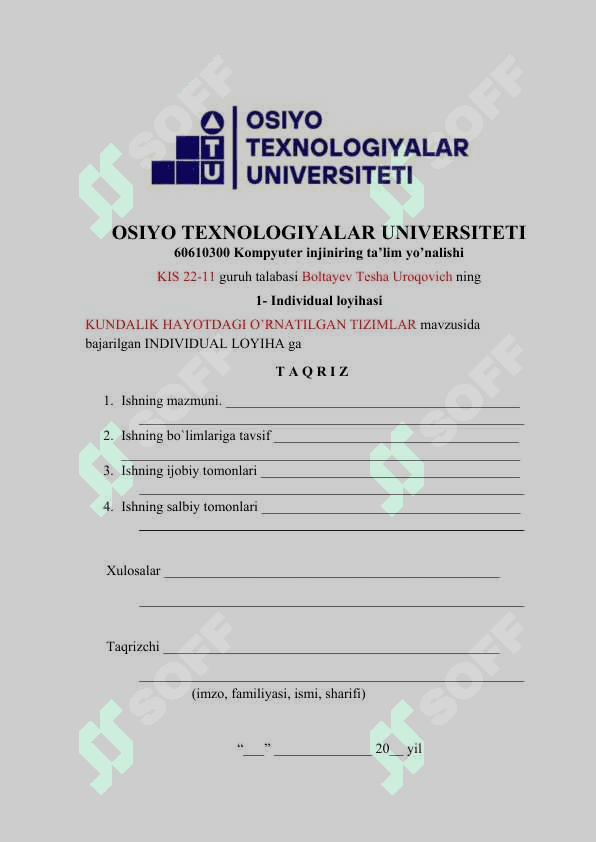 Individual Loyiha (1)
MAVZU: KUNDALIK HAYOTDAGI O’RNATILGAN TIZIMLAR 3