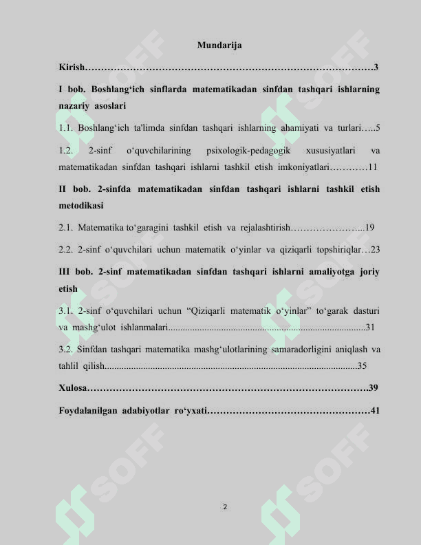 “2-sinfda “ Matematika”dan sinfdan tashqari ishlarni tashkil etish metodikasi” 2