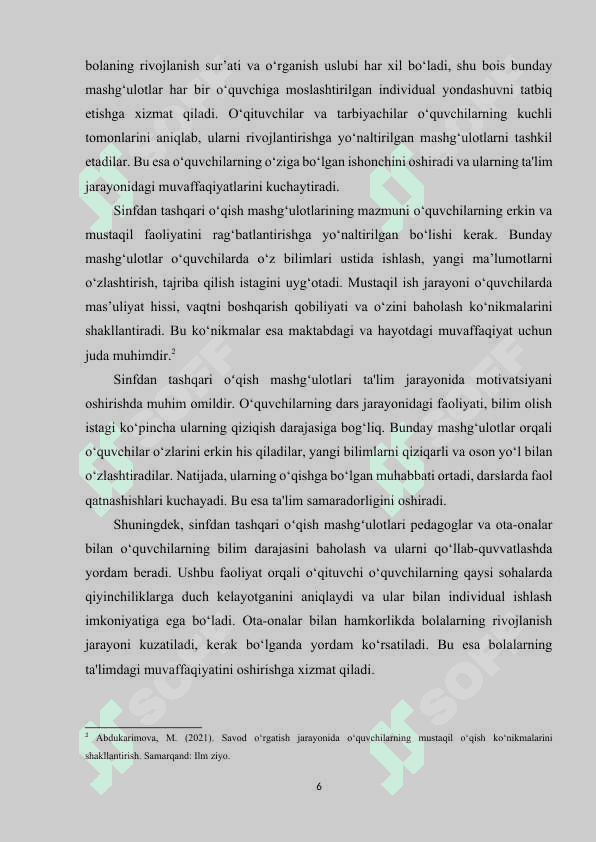 Savodga oʻrgatish davrida sinfdan tashqari oʻqish mashgʻulotlari. 6