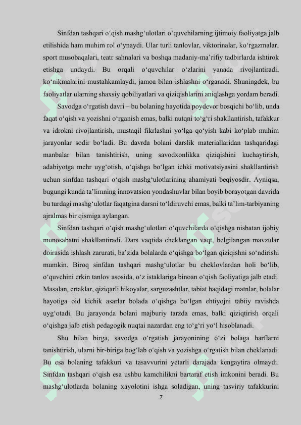 Savodga oʻrgatish davrida sinfdan tashqari oʻqish mashgʻulotlari. 7