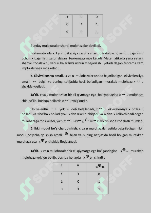 Bul algebrasi. Ikkilik mantiqiy amallar. Kon’yunksiya, diz’yunksiya, inkor, implikatsiya, ekvivalentlik amallari. 4