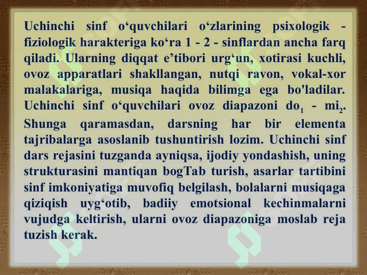 UCHINCHI SINFDA MUSIQA O‘QITISHNING MAZMUNIVA METODIKASI 2