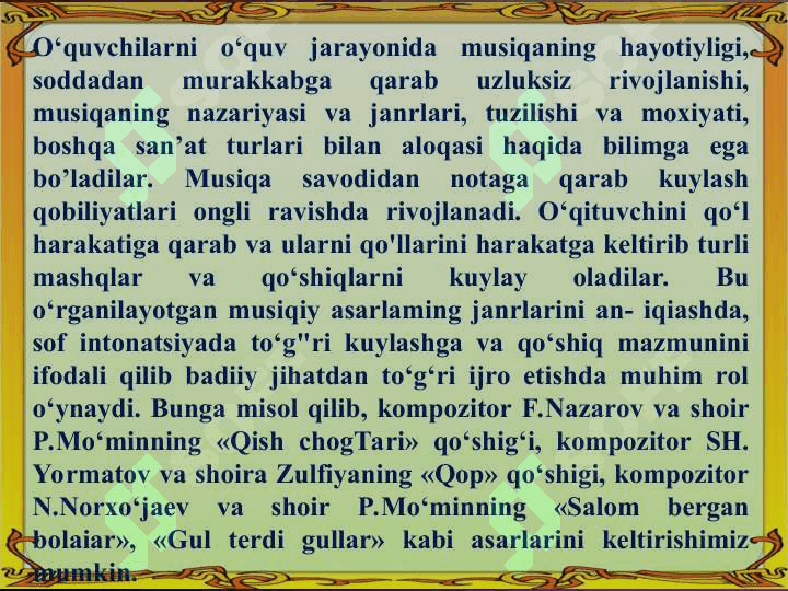 UCHINCHI SINFDA MUSIQA O‘QITISHNING MAZMUNIVA METODIKASI 3