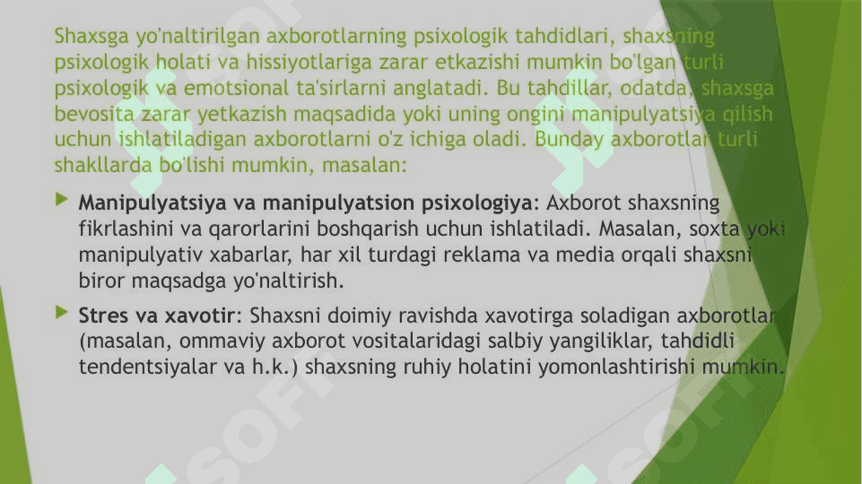 Shaxsga yo’naltirilgan axborot:psixologiya, diniy va madaniy taxdidlar. 2