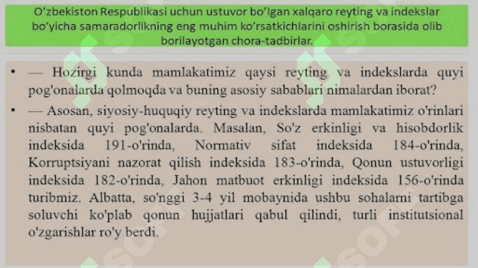 O‘ZBEKISTON RESPUBLIKASINING XALQARO REYTING VA INDEKSLARDAGI O‘RNI VA NUFUZINING ORTIB BORISHI 7