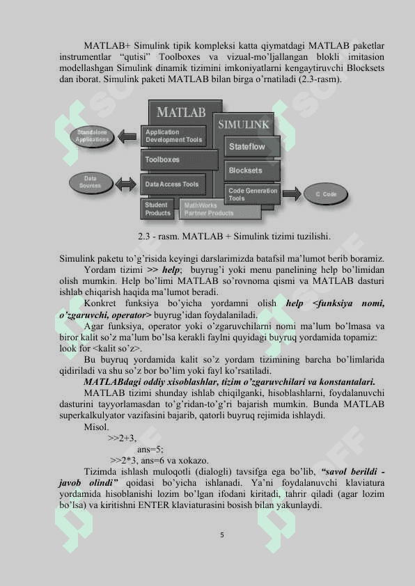 MATLAB dasturiy muhitining  vazifalari, imkoniyatlari, kengaytmasi, yordam tizimi va oddiy hisoblashlarni bajarish 5