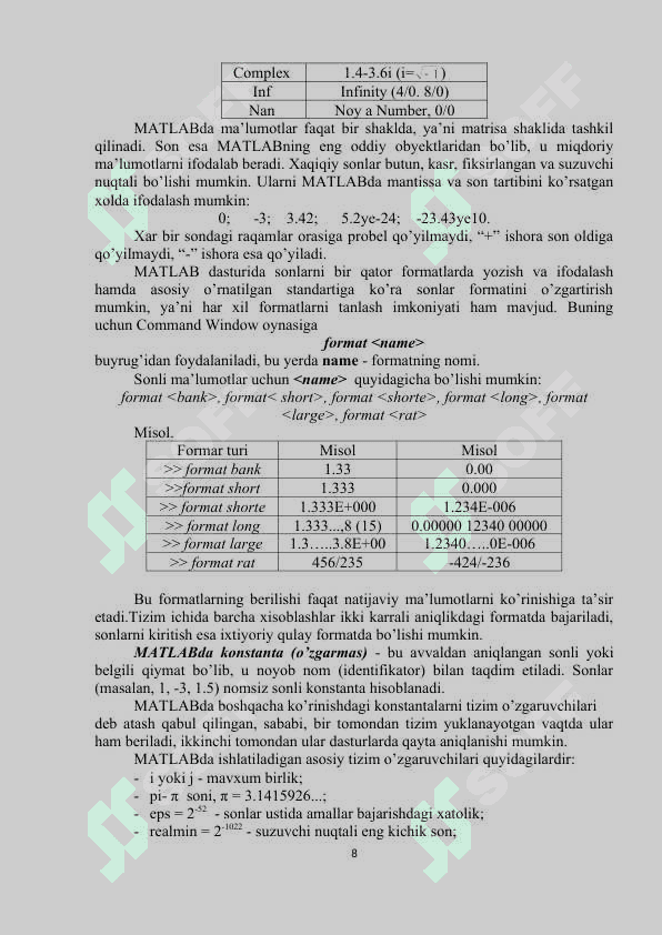 MATLAB dasturiy muhitining  vazifalari, imkoniyatlari, kengaytmasi, yordam tizimi va oddiy hisoblashlarni bajarish 8