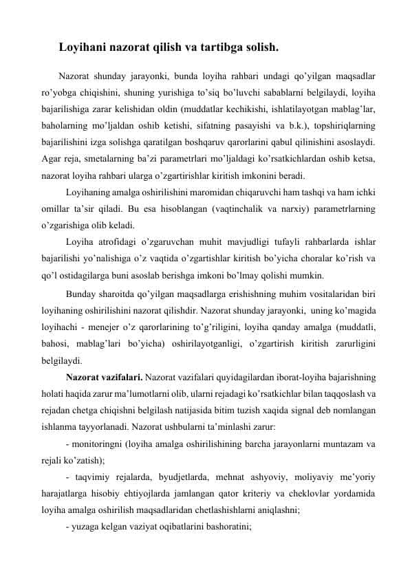 Loyihani nazorat qilish 1
