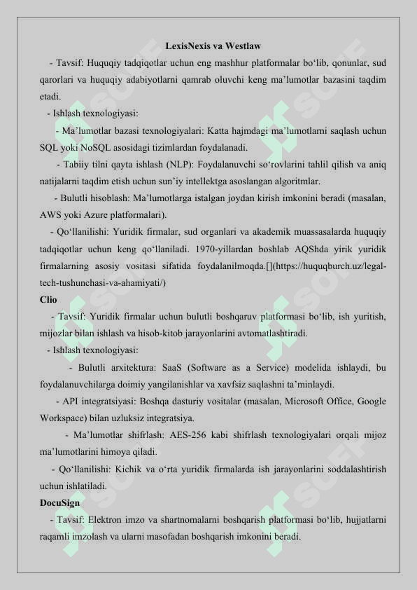Huquqiy amaliyotda qo‘llaniladigan asosiy dasturiy platformalar va ularning ishlash texnologiyasi 25 3