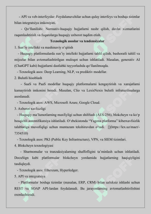 Huquqiy amaliyotda qo‘llaniladigan asosiy dasturiy platformalar va ularning ishlash texnologiyasi 25 5