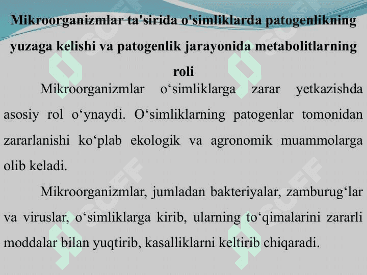 Mikroorganizmlar ta'sirida o'simliklarda patogenlikning yuzaga kelishi va patogenlik jarayonida metabolitlarning roli 4