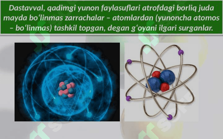 Atom molekular ta’limot. Atom va molekulalarning realligi (mavjudligi). Kimyoviy element, kimyoviy belgi 3