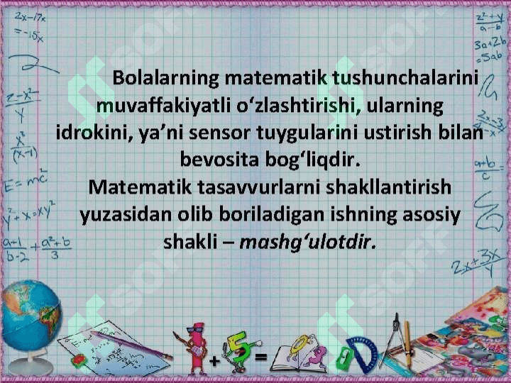 Bolalarning maktaBGa tayorlashda elementar matematik tasavvurlarini shakillantirish ahamyati t.ppt 4
