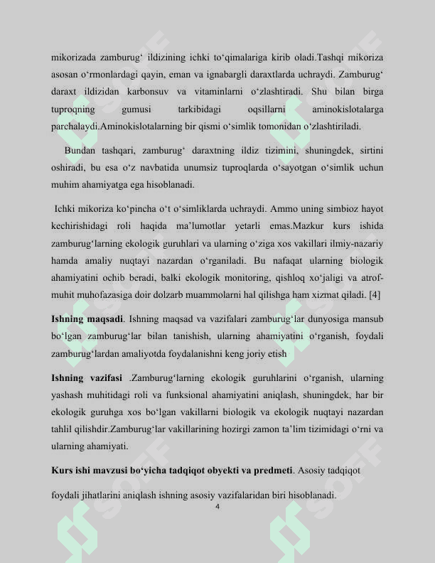 “Zamburugʻlarning ekologik guruhlari va asosiy vakillari”
mavzusida tayyorlagan kurs ishi 4
