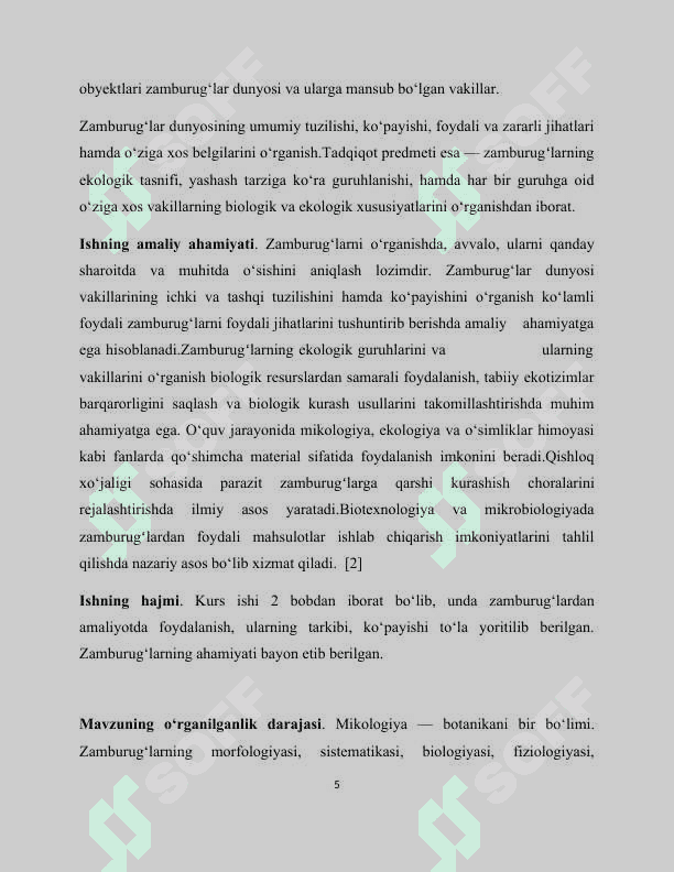 “Zamburugʻlarning ekologik guruhlari va asosiy vakillari”
mavzusida tayyorlagan kurs ishi 5
