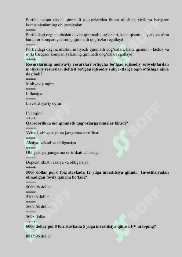 Moliya test savollari to'liq baza 8