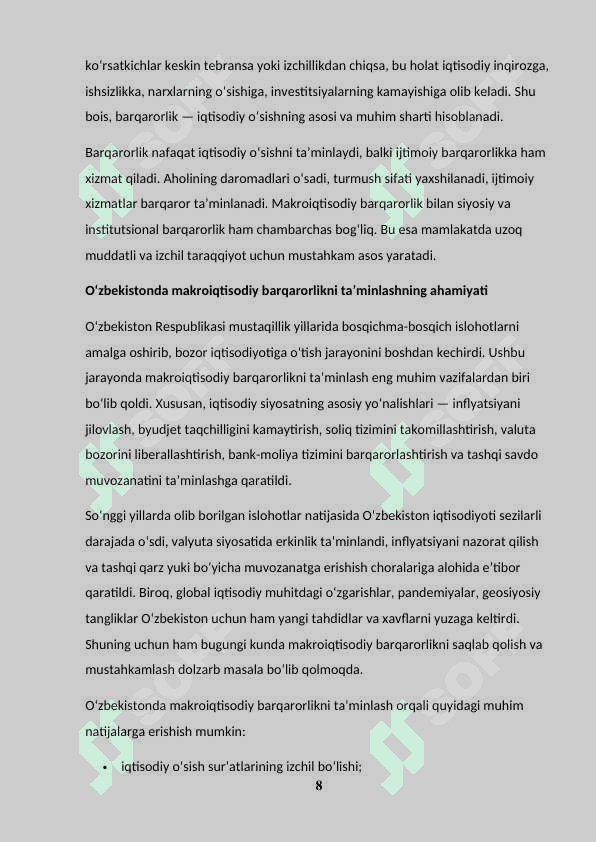 O'ZBEKISTON SHAROITIDA MAKRO IQTISODIY BARQARORLIKNING NAMOYON BO'LISH SHAKLLARI VA ULARNING XUSUSIYATLARI 8
