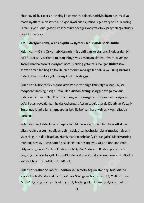 ÒRTA OSIYODA TOXAR KIDARIYLARNING (V ASRNING 20 -YILLARIDA )KIRIB KELISHI VA ÒZ HUKMRONLIGINI ÒRNATISHI. 5