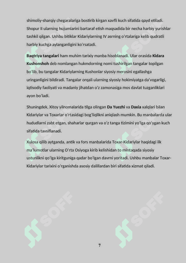 ÒRTA OSIYODA TOXAR KIDARIYLARNING (V ASRNING 20 -YILLARIDA )KIRIB KELISHI VA ÒZ HUKMRONLIGINI ÒRNATISHI. 7