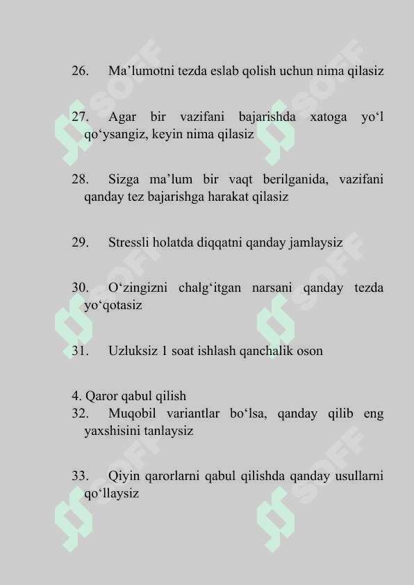 ICHKI ISHLARGA KIRUVCHILAR UCHUN PSIXOLOGIK TESTLAR (100 ta savol) 4