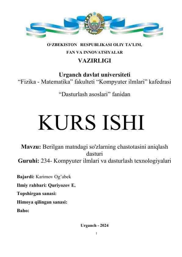 Berilgan matndagi so'zlarning chastotasini aniqlash dasturi 1