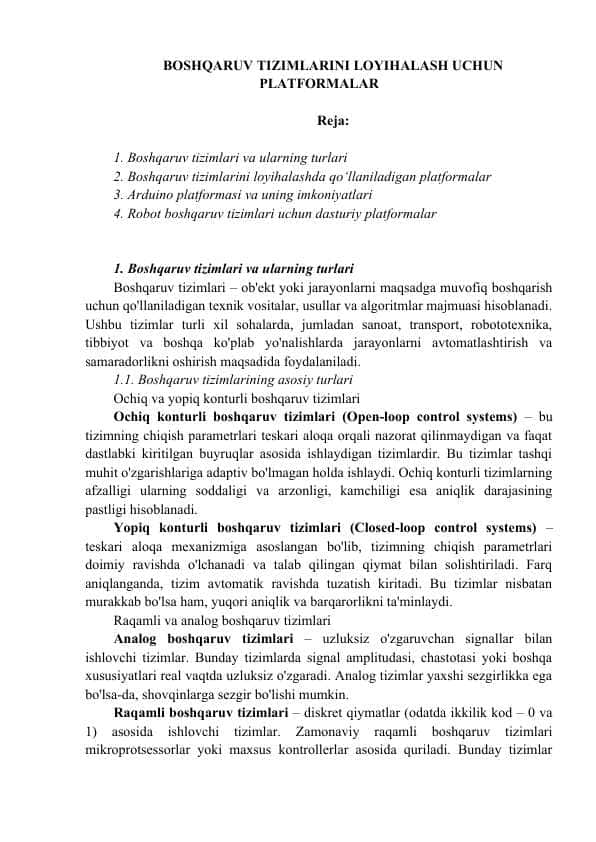 BOSHQARUV TIZIMLARINI LOYIHALASH UCHUN PLATFORMALAR