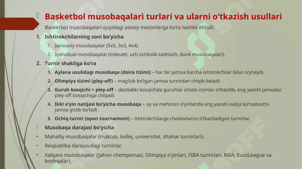 Basketbol musobaqa turlari o‘tkazish usullari.  Musоbaqa qоidasi va hakamlar funksiyalari haqidagi bilimlarni o`zlashtirish 2