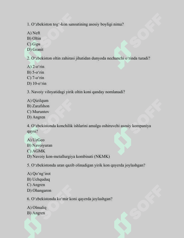 O‘zbekiston tog‘-kon sanoati 30 ta test savollari ( Javoblar kaliti bilan ) 2